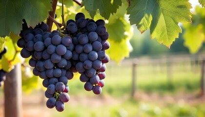 Fototapeta premium Bunch of the Cabernet Franc grape with leaves at blur background with free space for text. Ripe cluster of black wine grape on vine, close up view, horizontal