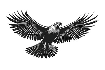 Obraz premium A stylized black and white illustration of a soaring eagle with outstretched wings.