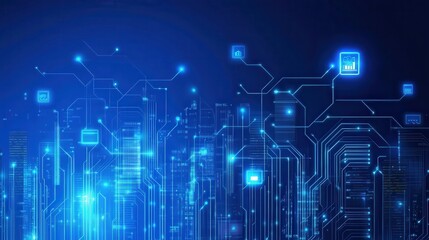 Obraz premium A digital circuit design with glowing blue elements representing technology and connectivity.