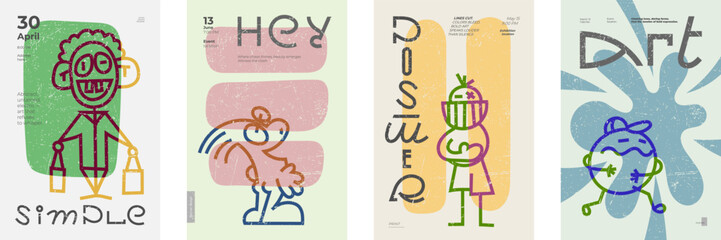 Bold abstract posters with playful linear characters, creative lettering, and vibrant simple naive shapes. Retro minimalist typography blends seamlessly with modern color schemes for event graphics
