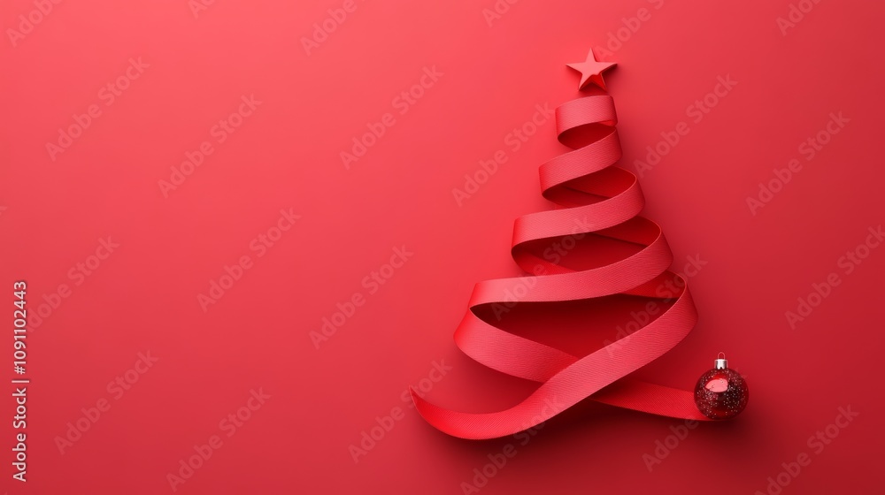 Aufkleber red ribbon tree with a star on top and a red ball on the bottom. the tree is made of ribbon and the 