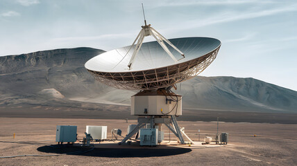 Earth receiving station in a remote desert location, where satellite signals are decoded and transmitted to control centers. The scene symbolizes global connectivity and the seamless flow of informati