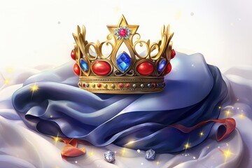 Crown with Jewels on Pillow in Soft Light Illustration