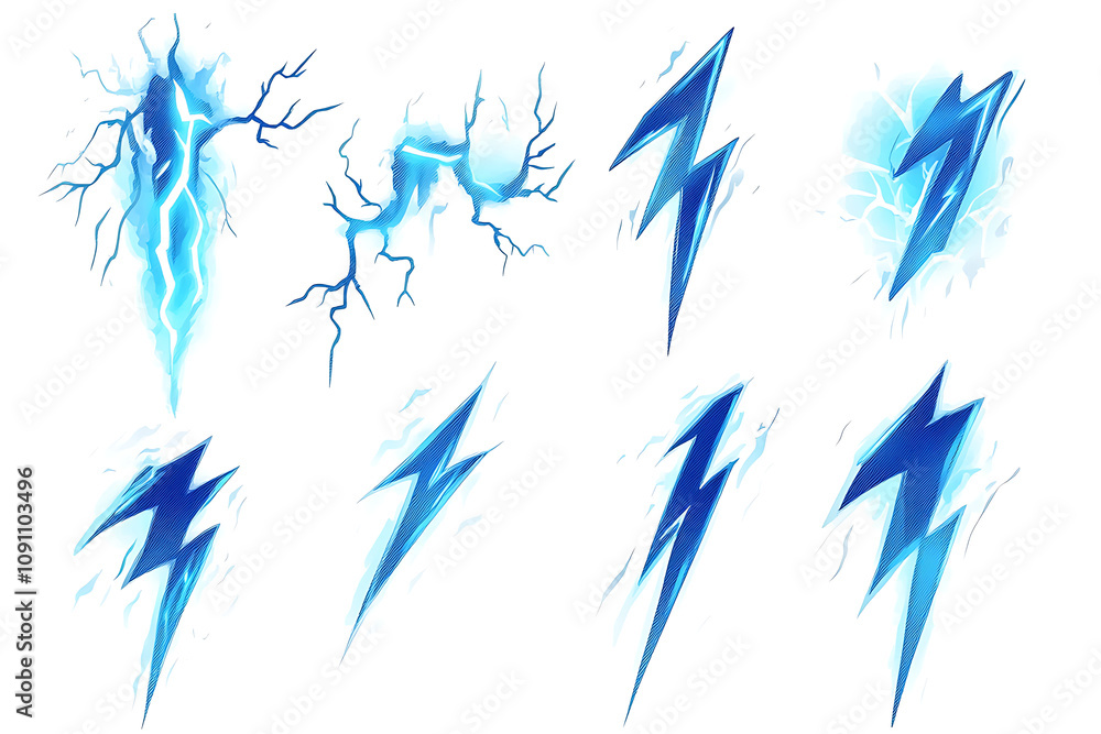Poster a collection of blue lightning bolt graphics for use in design and illustration.