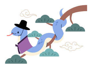 A cute snake character illustration celebrating 2025, the Year of the Blue Snake in Korea. A snake wearing a hanbok.