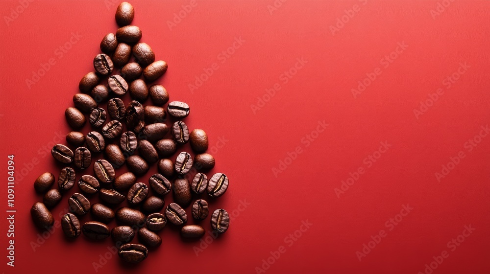 Poster red background with a coffee tree made of coffee beans. the coffee beans are arranged in a triangula