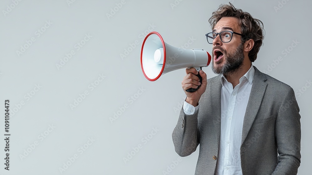 Poster man in a suit is holding a megaphone and yelling. concept of urgency and importance, as if the man i