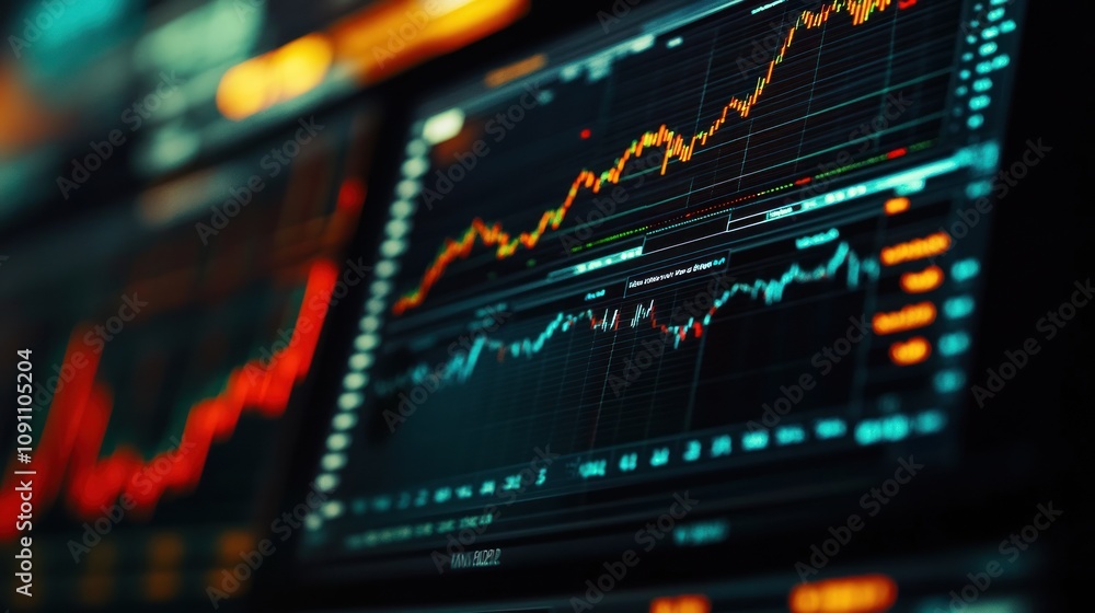Poster a close-up of financial graphs displaying market trends and data analysis.
