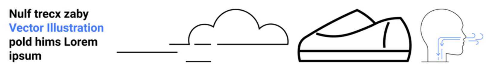 Clouds, airplane, shoe, and human profile with breathing lines. Ideal for weather, travel, outdoor activities, health, minimalism, vector art, and web design Landing page
