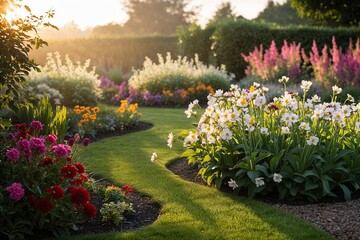 Obraz premium Mesmerizing Garden in Morning Light with Vibrant Blooming Flowers