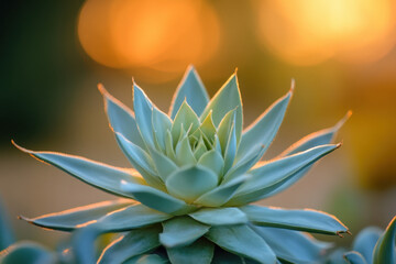 Fototapeta premium Close-up of a vibrant succulent with green leaves, glowing against a warm, golden bokeh background, highlighting the plant's geometric beauty at sunset.
