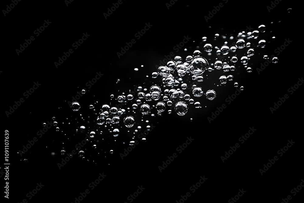Poster a stream of bubbles rising through dark water, creating a mesmerizing visual effect.