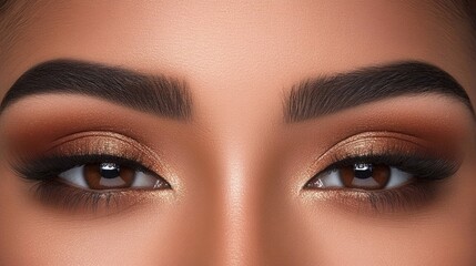 Naklejka premium Stunning Close-Up of Beautiful Eyes with Glamorous Makeup Showcasing Warm Tones, Bold Eyebrows, and Perfectly Defined Lashes for Beauty and Fashion Inspiration