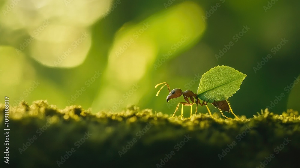 Poster close-up of leafcutter ant carrying leaf through lush green environment highlighting nature's intric