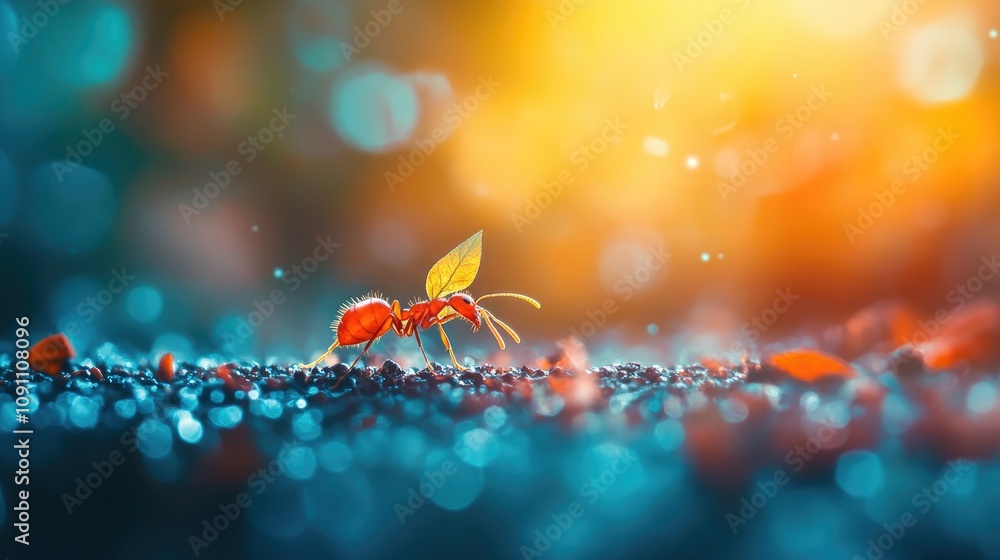 Aufkleber close-up of an ant carrying a leaf on a vibrant background with beautiful bokeh effects and soft foc