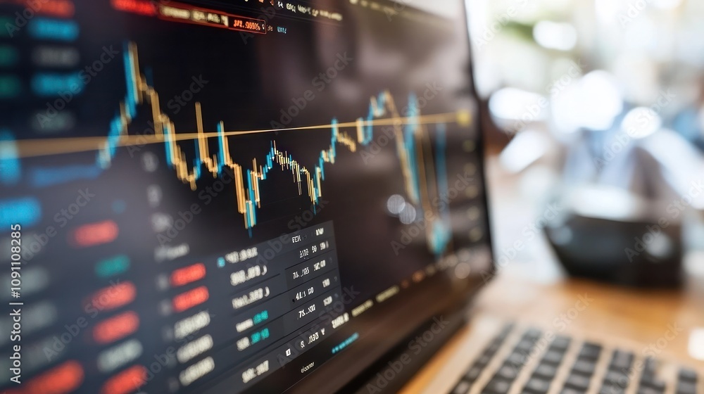 Poster A close-up of a financial trading interface displaying stock market data and graphs.