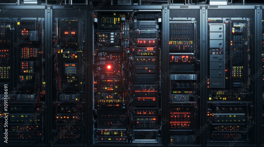 Poster A computer server room with many black servers and a red light on one of them