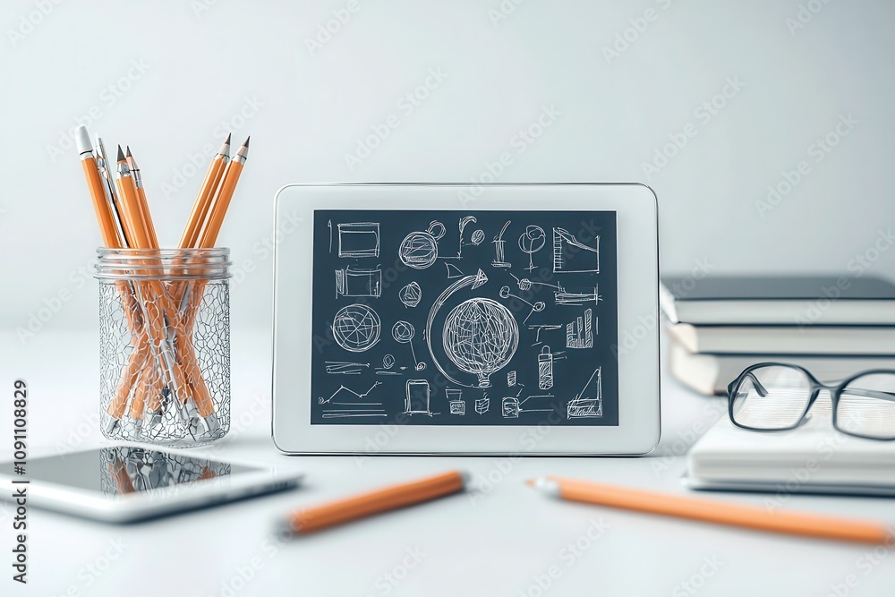 Aufkleber futuristic educational tablet displaying interactive learning content modern workspace digital art m