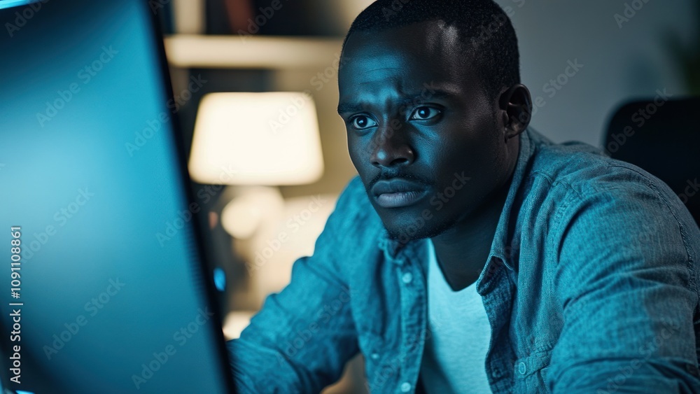 Aufkleber a focused individual working intently on a computer in a dimly lit room.