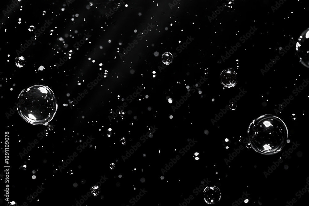 Poster a dark background filled with floating bubbles and shimmering particles.
