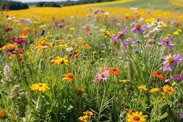 Fototapeta premium Vibrant Wildflower Meadow in Sunny Landscape Ideal for Nature Lovers