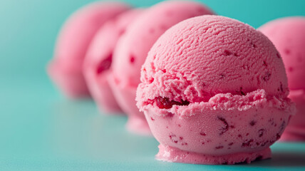 Pink ice cream scoops on a bright turquoise background.