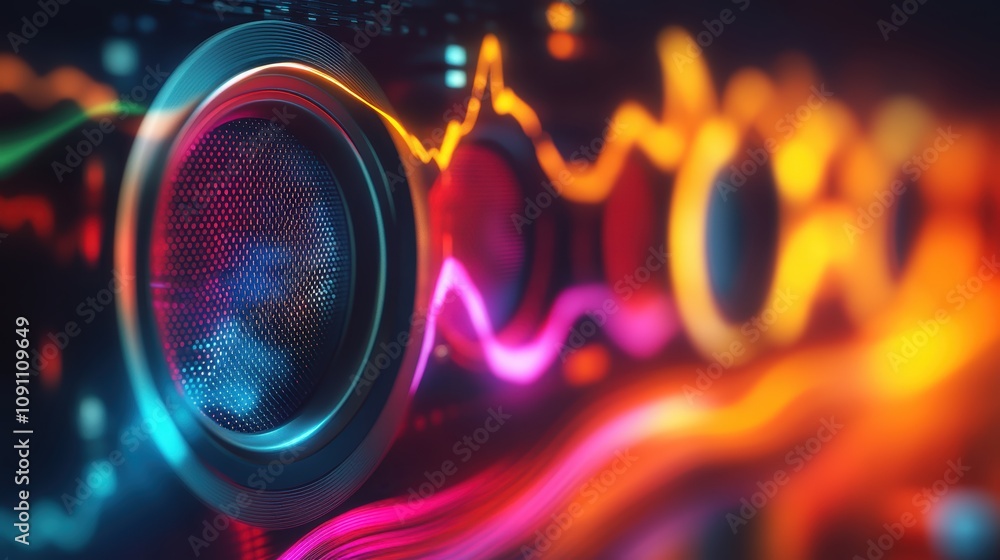 Aufkleber close-up of colorful speaker with vibrant sound waves in a dynamic setting.