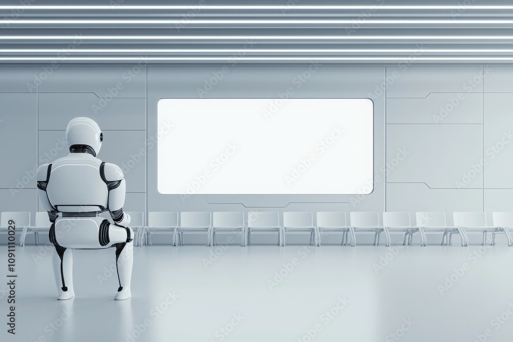 Poster futuristic virtual lecture setup featuring an autonomous robot modern conference room digital art in