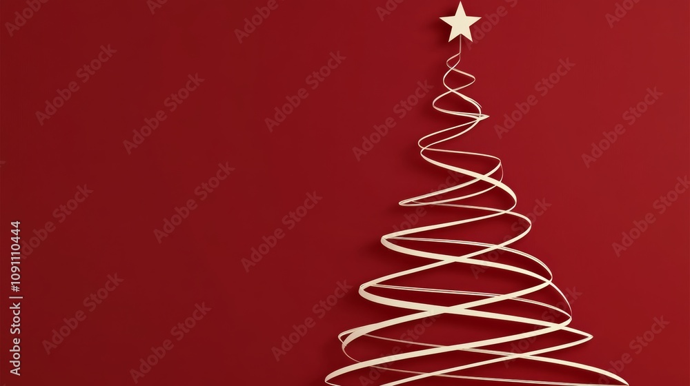 Poster christmas tree with a star on top is shown on a red background. the tree is made of paper and he is 