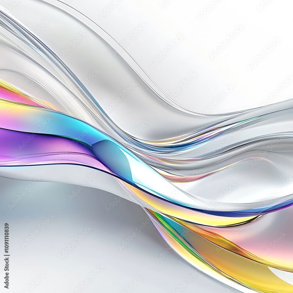 Poster white background,light silver gradient background with rainbow reflection curved lines and curves at