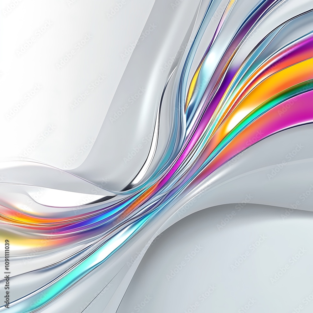 Poster white background,light silver gradient background with rainbow reflection curved lines and curves at