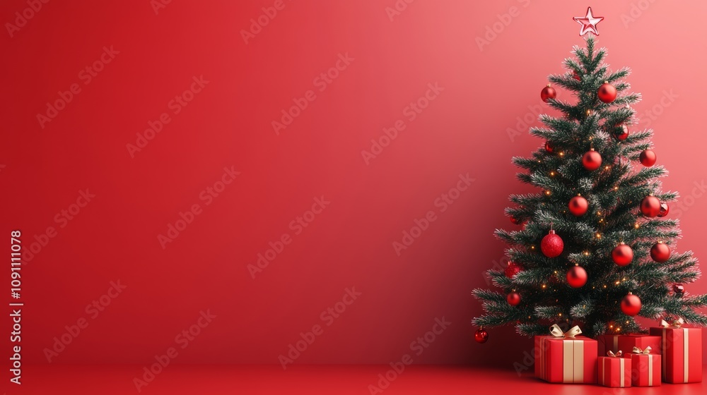 Poster christmas tree with red ornaments sits in front of a red wall. the tree is surrounded by three red b