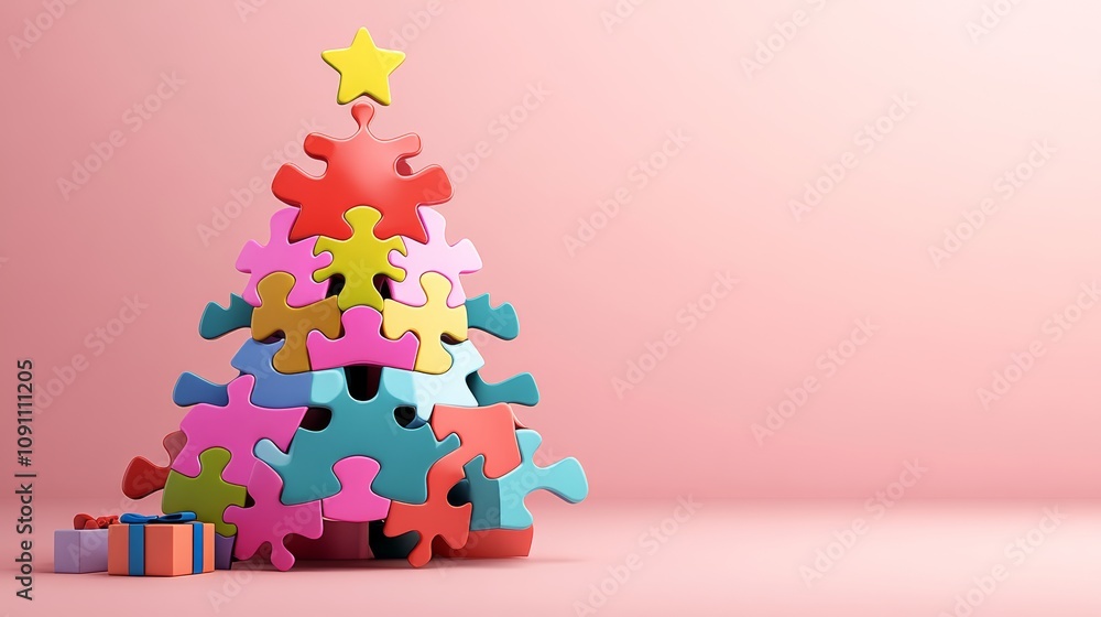 Poster colorful christmas tree made of puzzle pieces. the tree is on a pink background. the puzzle pieces a