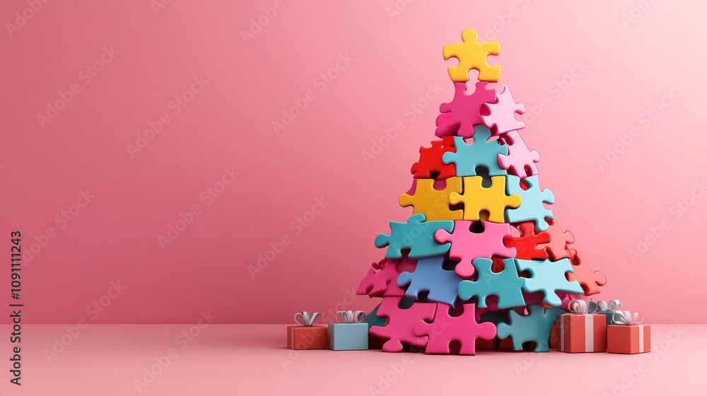 Poster colorful puzzle tree is displayed on a pink background. the tree is made up of many different colore