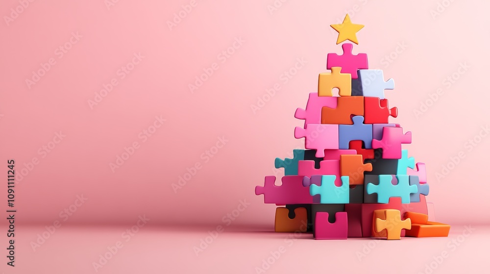 Aufkleber colorful puzzle tree with a star on top. the tree is made up of many different colored blocks, and i