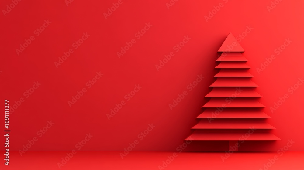 Poster red background with a red tree in the foreground. the tree is made of paper and has a triangular sha