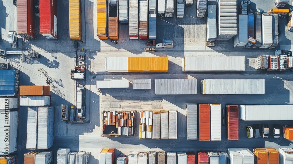 Poster aerial view of a shipping container yard filled with various colored containers.