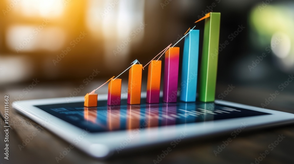 Poster digital tablet displaying colorful growth chart with vibrant bars representing data analysis and bus