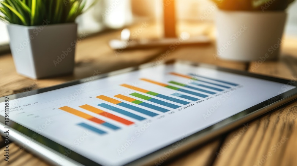 Aufkleber trend analysis on digital tablet with colorful bar graphs displayed over rustic wooden table surroun