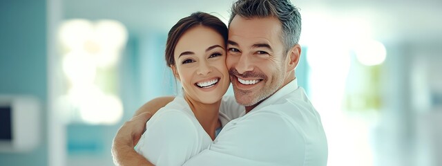 A happy middle-aged couple in white hugging each other. The man is carrying his wife on his back, and they both have big smiles with clean teeth