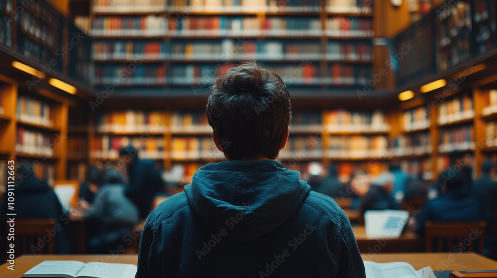 Poster a person sits in front of a large bookshelf in a library, surrounded by others who are engaged in re