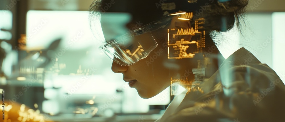 Poster a scientist in glasses analyzing data through a glass surface in a lab setting.