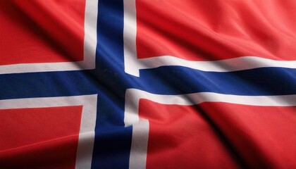 Fototapeta premium Vibrant and Textured Norwegian Flag Waving in the Breeze. Symbol of National Pride and Nordic Heritage. Perfect for Cultural Presentations, Travel Guides, or Scandinavian Themed Projects