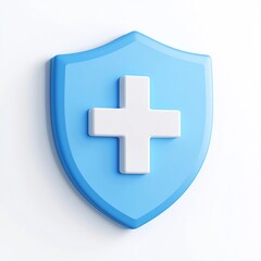 Obraz premium Clean and Minimalistic 3D Cartoon-Style Plus Icon on Blue and White Shield Symbol