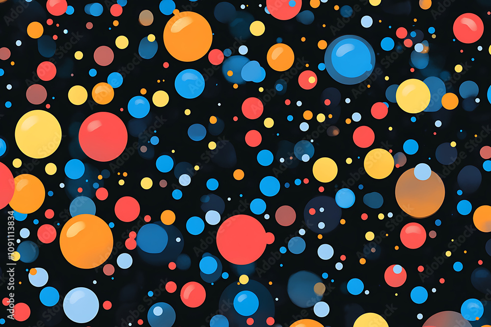 Poster a colorful abstract pattern of overlapping circles on a dark background.