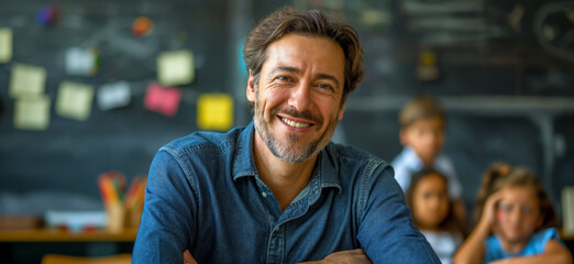 Fototapeta premium Teacher. Portrait of a happy handsome male teacher in the classroom