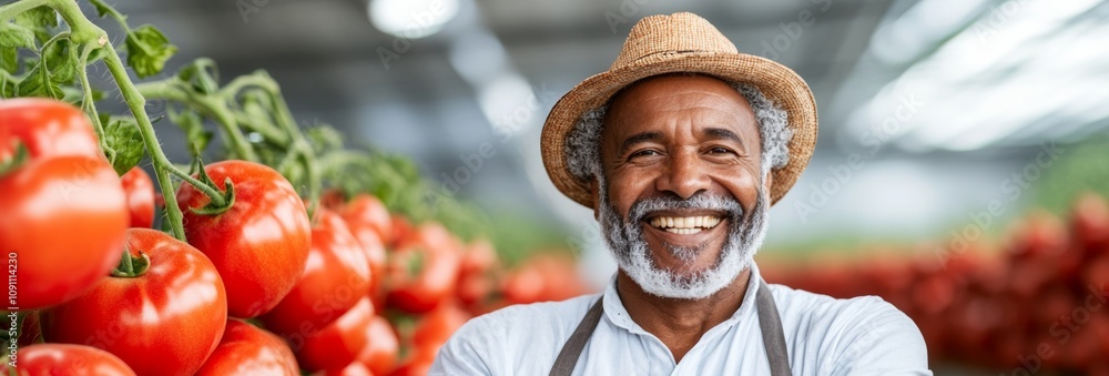 Poster man wearing a straw hat is smiling in front of a large display of tomatoes. concept of happiness and
