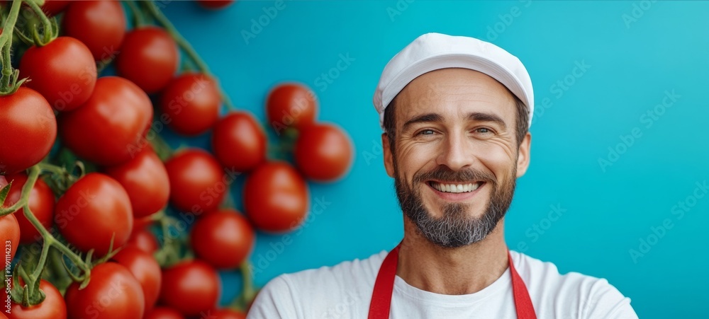 Poster man is smiling and standing in front of a bunch of red tomatoes. concept of warmth and happiness, as