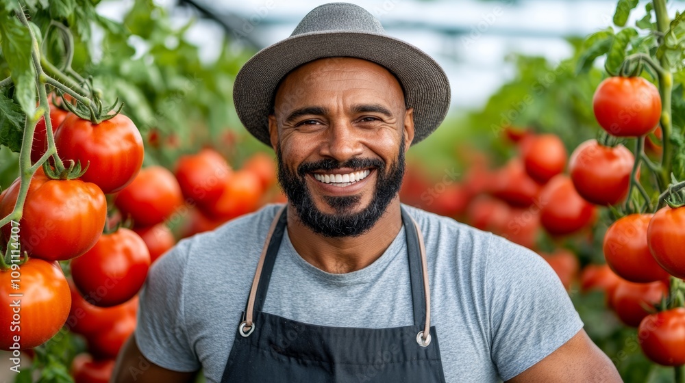 Poster man wearing a hat and apron is smiling in front of a row of tomatoes. concept of happiness and conte