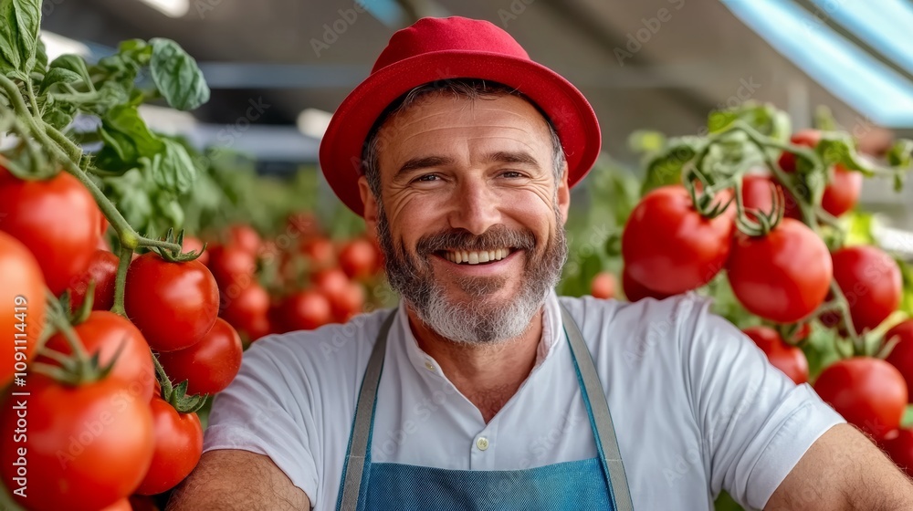 Poster man wearing a red hat and apron is smiling in front of a large number of tomatoes